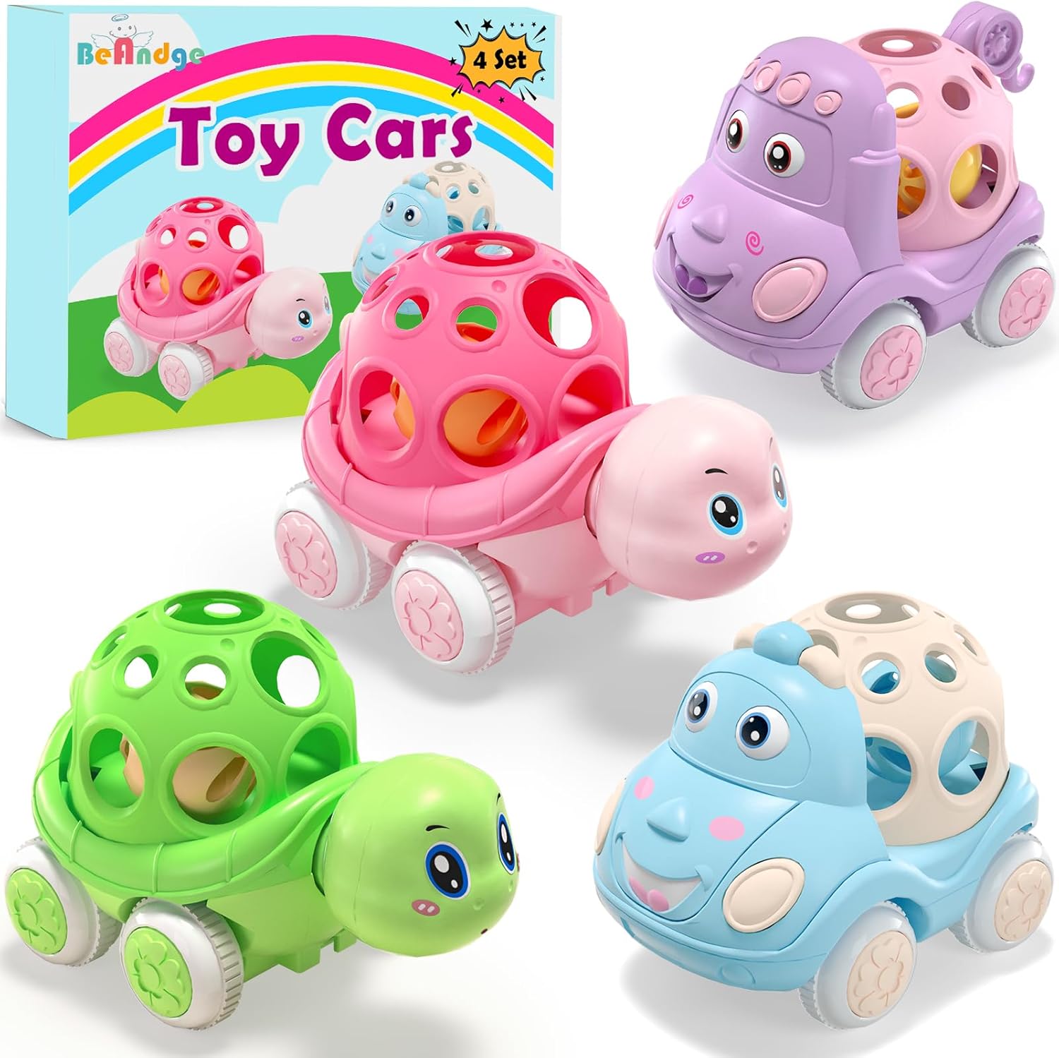 Baby Car Toys for Girl & Boy, Pink Rattle Push Cars for Toddler Girls Baby Girl Gifts, Green Toy Trucks