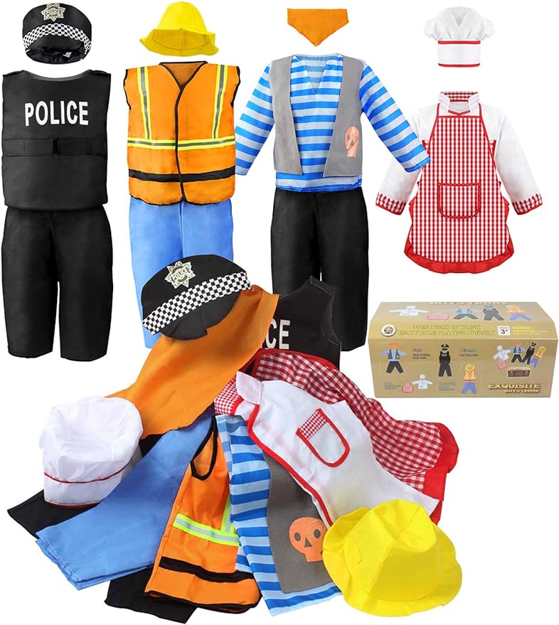Boy's Dress Up Costumes Set, Role Play Set 11-pcs Trunk Pirate, Chef, Construction Worker For Kids Age 3-6 - Cykapu