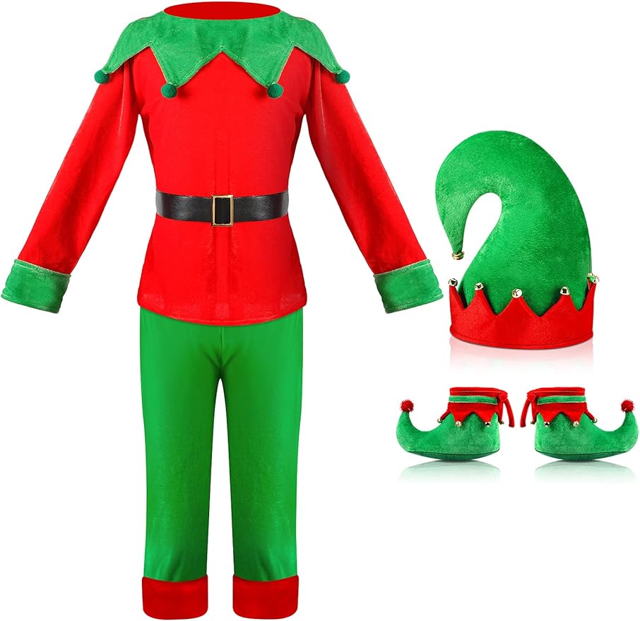 Kids Christmas Elf Costume Set Elf Dress up Santa's Helper Costume Xmas Suit with Elf Hat Shoes Gold Buckle Belt - Cykapu