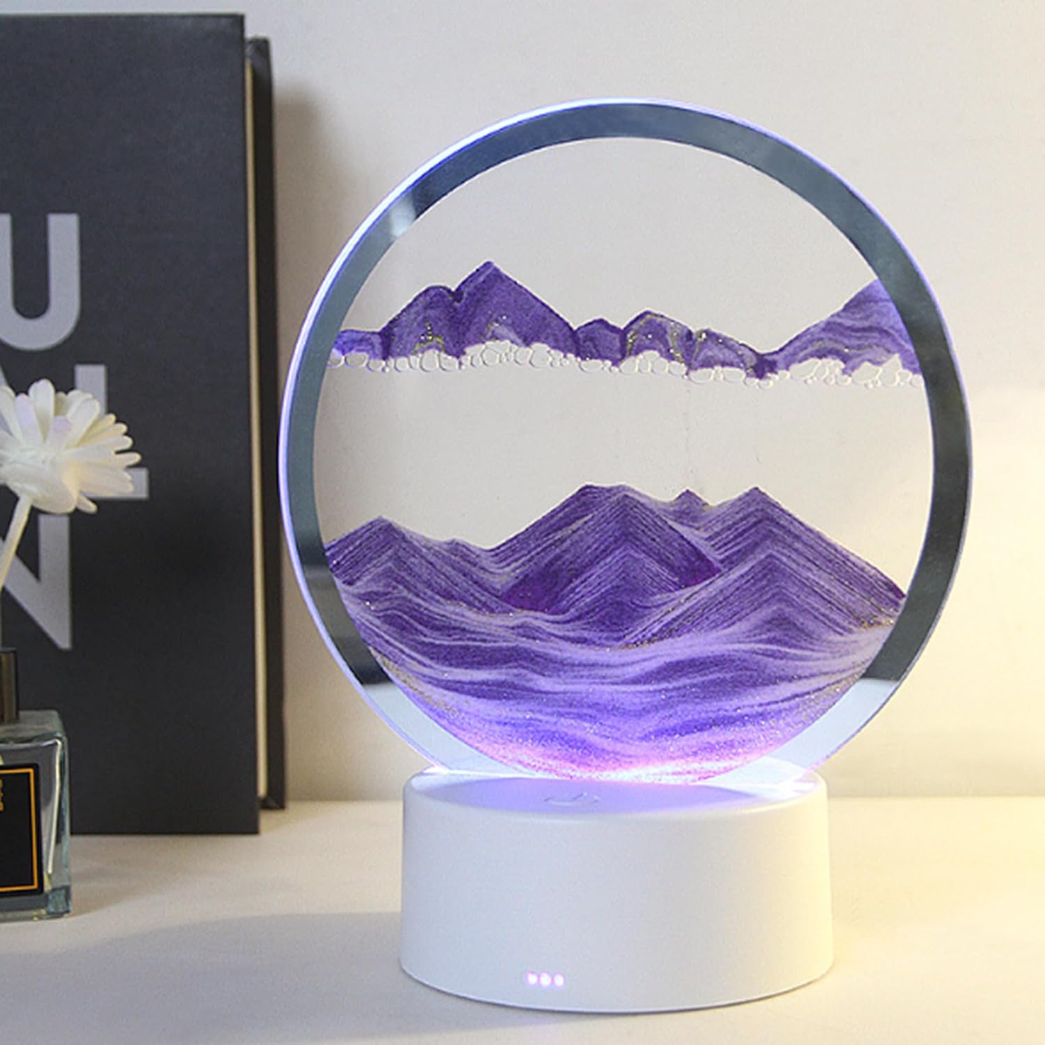 Moving Sand Art Picture with Lamp, 7 Color Lighted/Touch Control, Round Glass Deep Sea Landscape