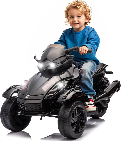 12V 3-Wheel Ride on ATV Electric Motorcycle for Kids, w/LED Lights, Music, One-Button Start, Forward/Backward, All-Terrain Wheels, Kids ATV Ride on Toy for Toddler Ages 3+, Easy Assemble, Black