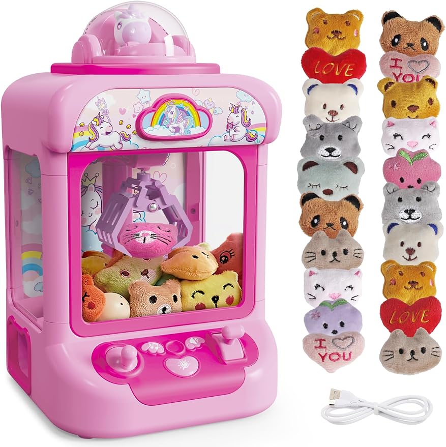 Claw Machine for Kids, Mini Vending Machine, Candy Grabber Prize Dispenser with Sound & 20 Mini Plush Toys - Cykapu