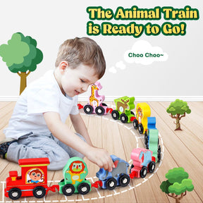 Toddler Toys for 2-3 Year Old Boy, Wooden Animal Train Set - Cykapu
