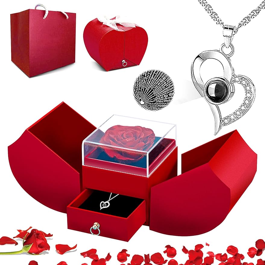 Valentines Day Gifts for Her Preserved Rose with I Love You Necklace in 100 Languages 925 Silver Cykapu
