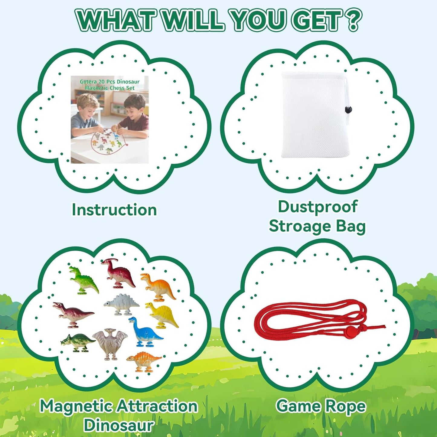 Dinochez Dinosaur Magnetic Chess Game Set 2025 Kids Toys, 20 Pcs Dinosaur Stones, 1 String & Portable Storage Bag, Strategy Board Games Chess Set Kids Games for Christmas Family Games Night