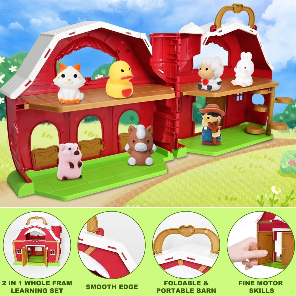 Big Red Barn Toy Farm Animal Finger Puppets, Pretend Farm Playset with Barn & Farmer