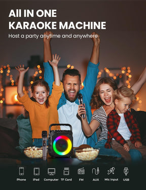 Karaoke Machine with Two Wireless Microphones, Portable Karaoke Machine for Adults & Kids, Portable Bluetooth Speaker with PA System, LED Lights, Supports TF Card - Cykapu