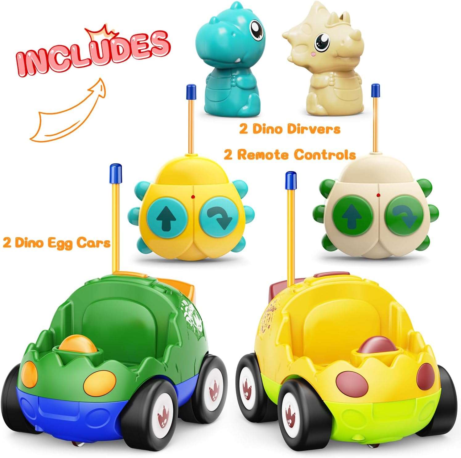 2 Pack Remote Control Car for 2 3 4 5 Years Old - Dinosaur Toys Toddlers RC Car with Music - Cykapu