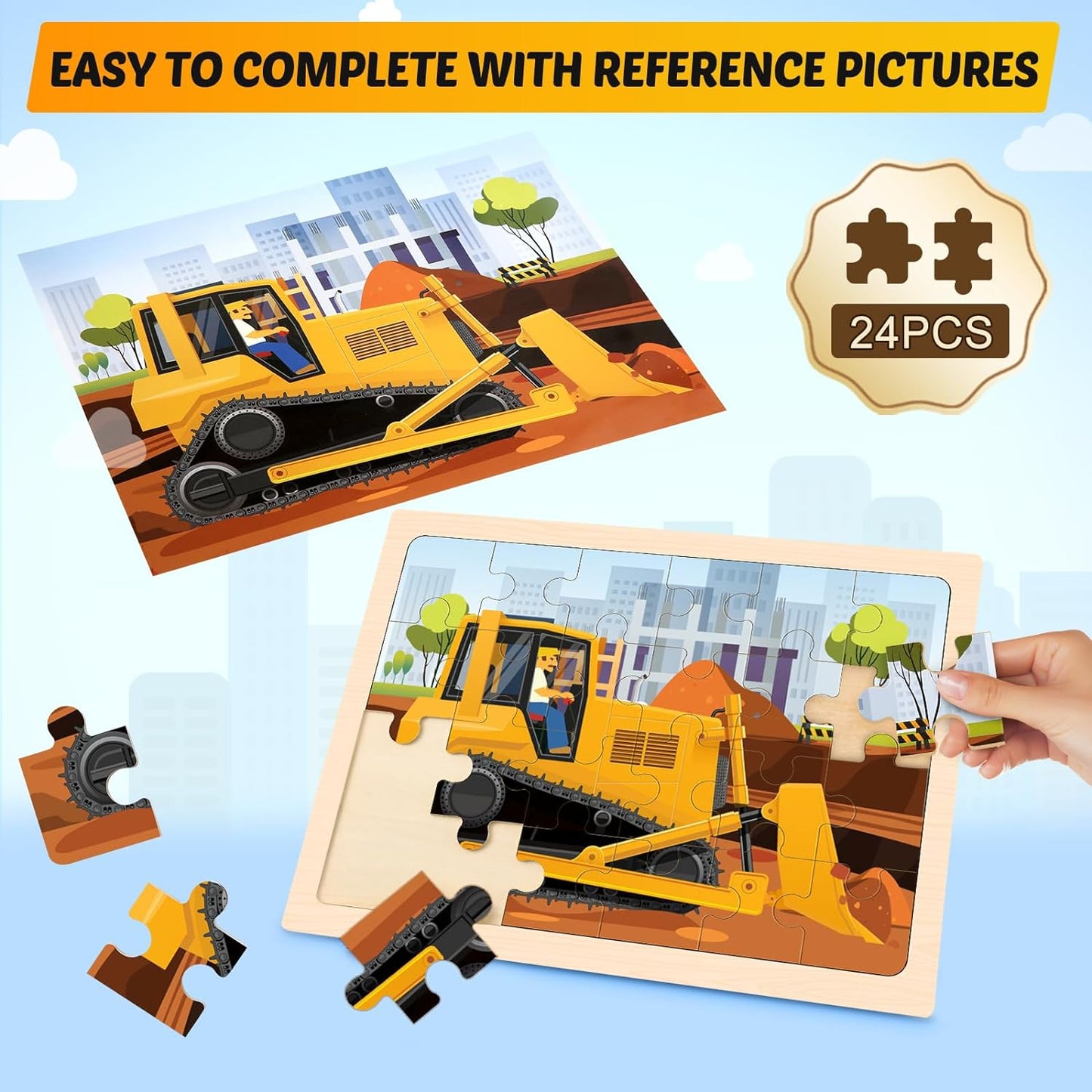 Wooden Puzzles for Kids Ages 3-5, 4 Packs 24 PCS Construction Vehicle Jigsaw Puzzles - Cykapu