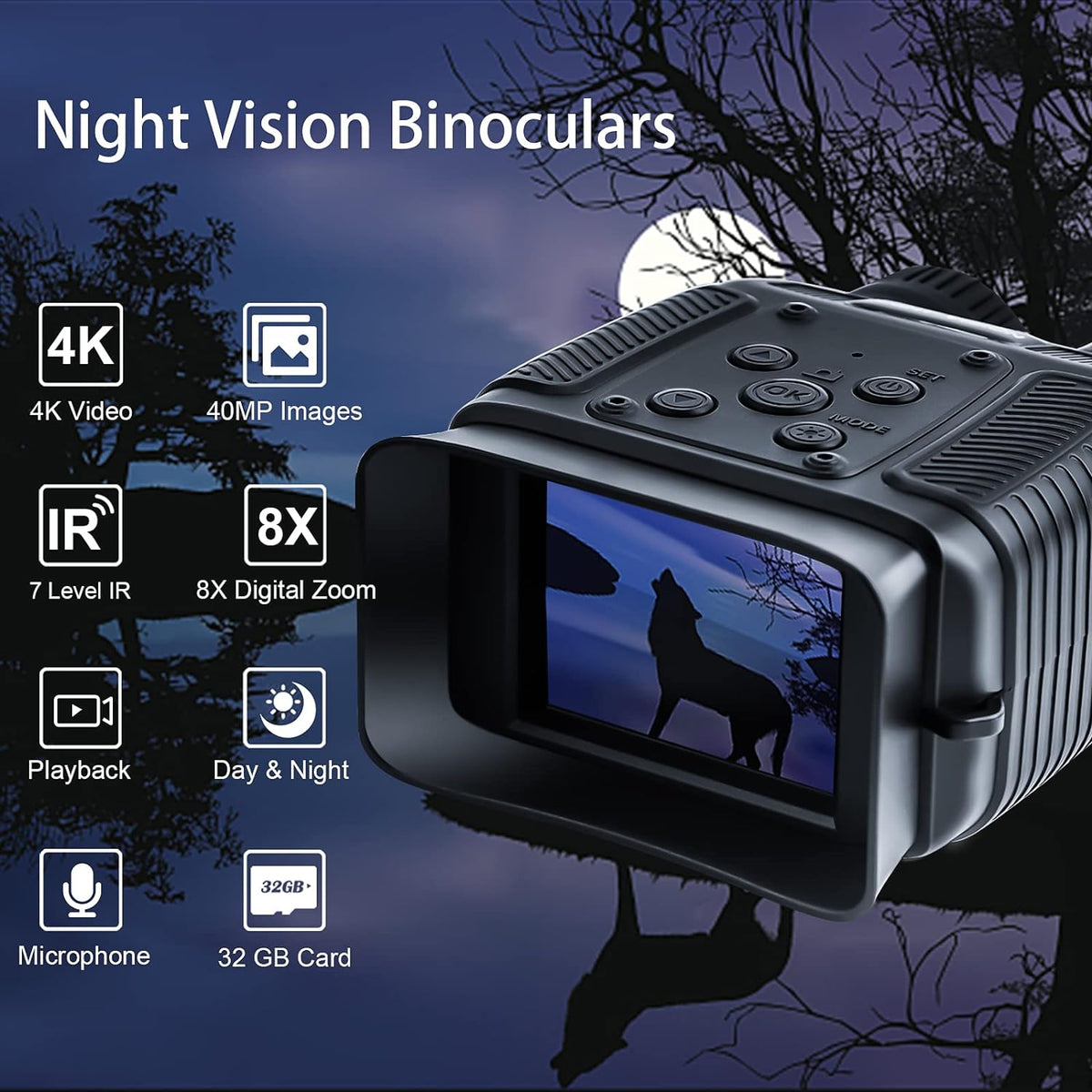 Night Vision Goggles - 4K HD Binoculars - Infrared Night Vision with 8X Digital Zoom, with 32GB Memory Card