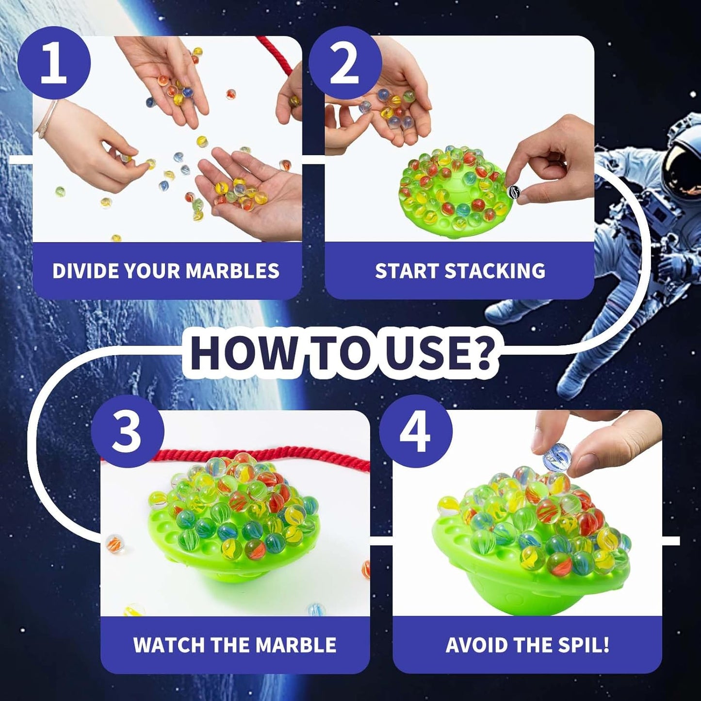 Marble Balance Board Game with 60 Glass Marbles & Storage Base - Fun Family Board Game for Kids & Adults, Party Game for 1-4 Players | Educational STEM Toy & Birthday for Kids Ages 8-12