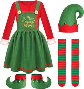 Kids Holiday Elf Costumes Deluxe Grils Christmas Elf Dress Set Christmas Party Dress Outfit - Cykapu