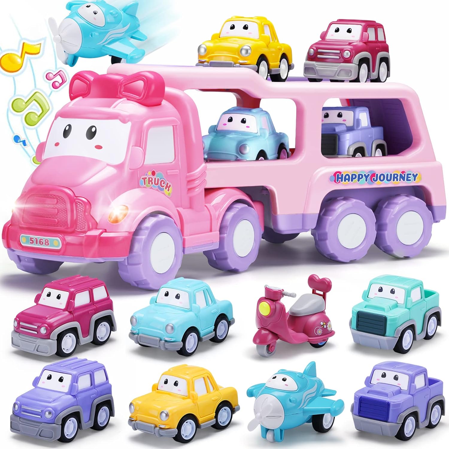 Cartoon Vehicle Toy for Toddler Girl, 9-in-1 Pink Carrier Truck for Baby Girls, Friction Power Transport Car with Light and Sound