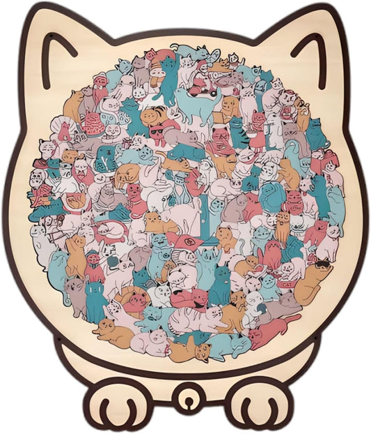Color Cat Shaped Wooden Puzzle for Adults, Cute Animal Cats Decoration with Frame, Funny Cats Puzzle for Cat Lovers
