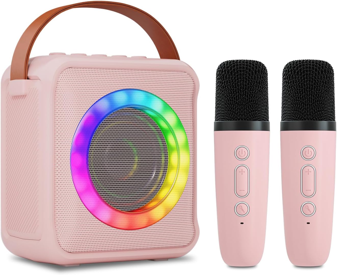 Mini Karaoke Machine for Kids Adults, Portable Bluetooth Speaker with 2 Wireless Microphones, Microphone Speaker Set with LED Disco Lights for Home Party, Birthday Gifts for Girls Boys Kid(Pink)