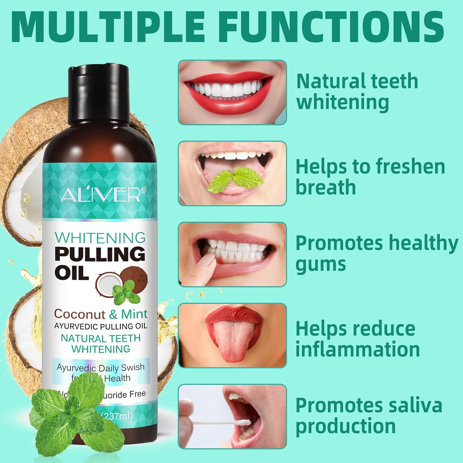 Pulling Oil 8 Fl.Oz , Mint Oil Pulling Mouthwash with Tongue Scraper Alcohol Free Natural Coconut Oil Pulling