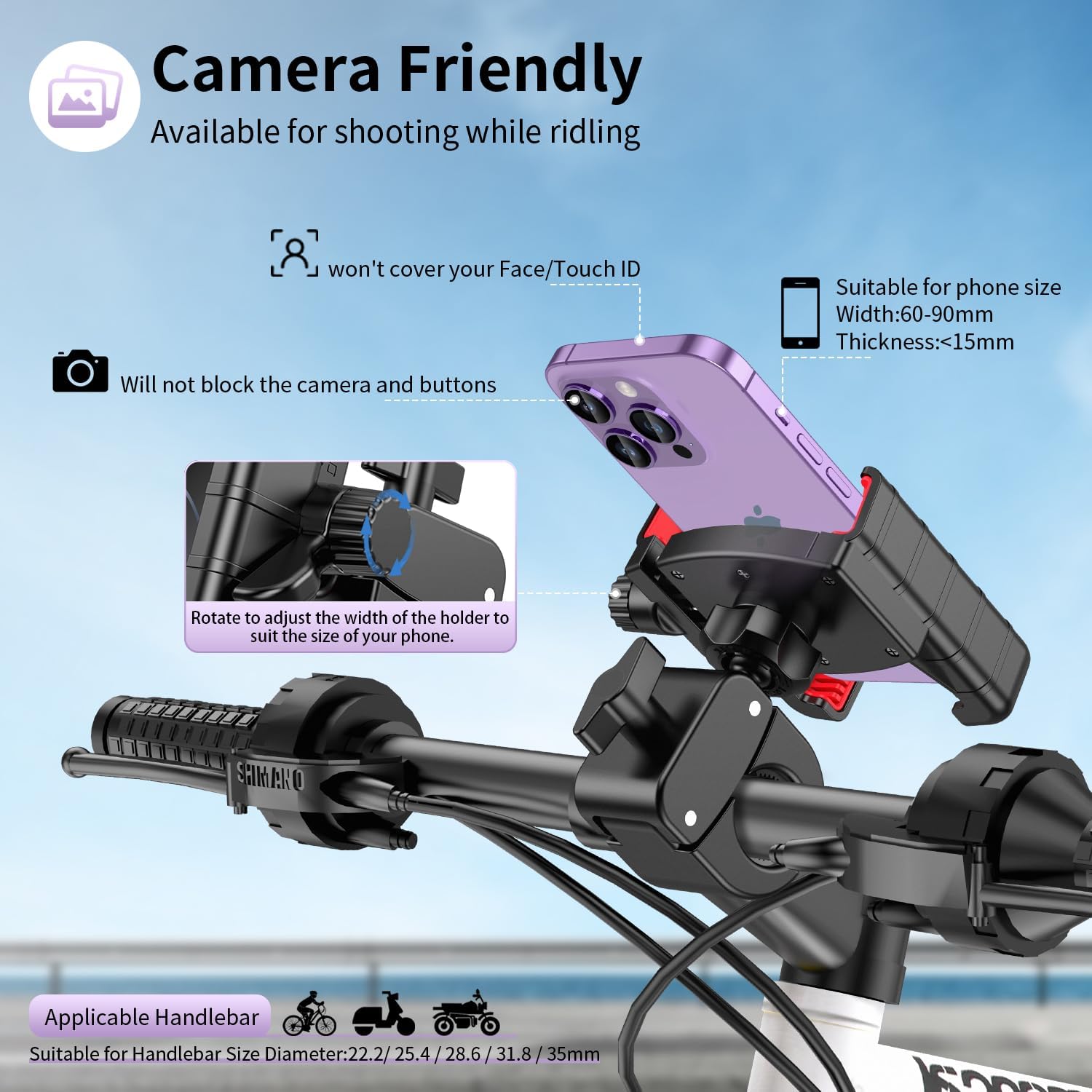 Bike Phone Mount Holder, [Camera Friendly] Motorcycle Phone Mount for Electric Scooter, Mountain, Dirt Bike and Motorcycle
