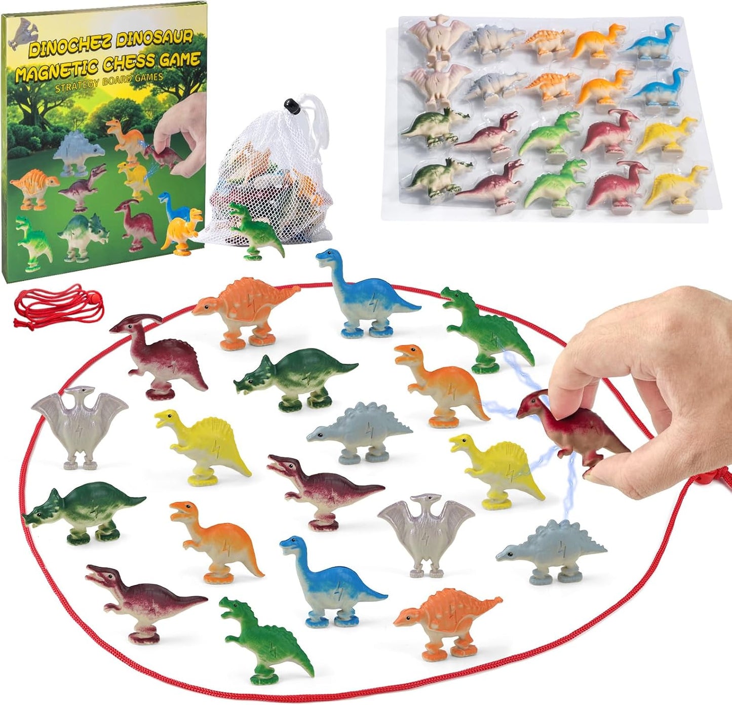 Dinochez Dinosaur Magnetic Chess Game Set 2025 Kids Toys, 20 Pcs Dinosaur Stones, 1 String & Portable Storage Bag, Strategy Board Games Chess Set Kids Games for Christmas Family Games Night
