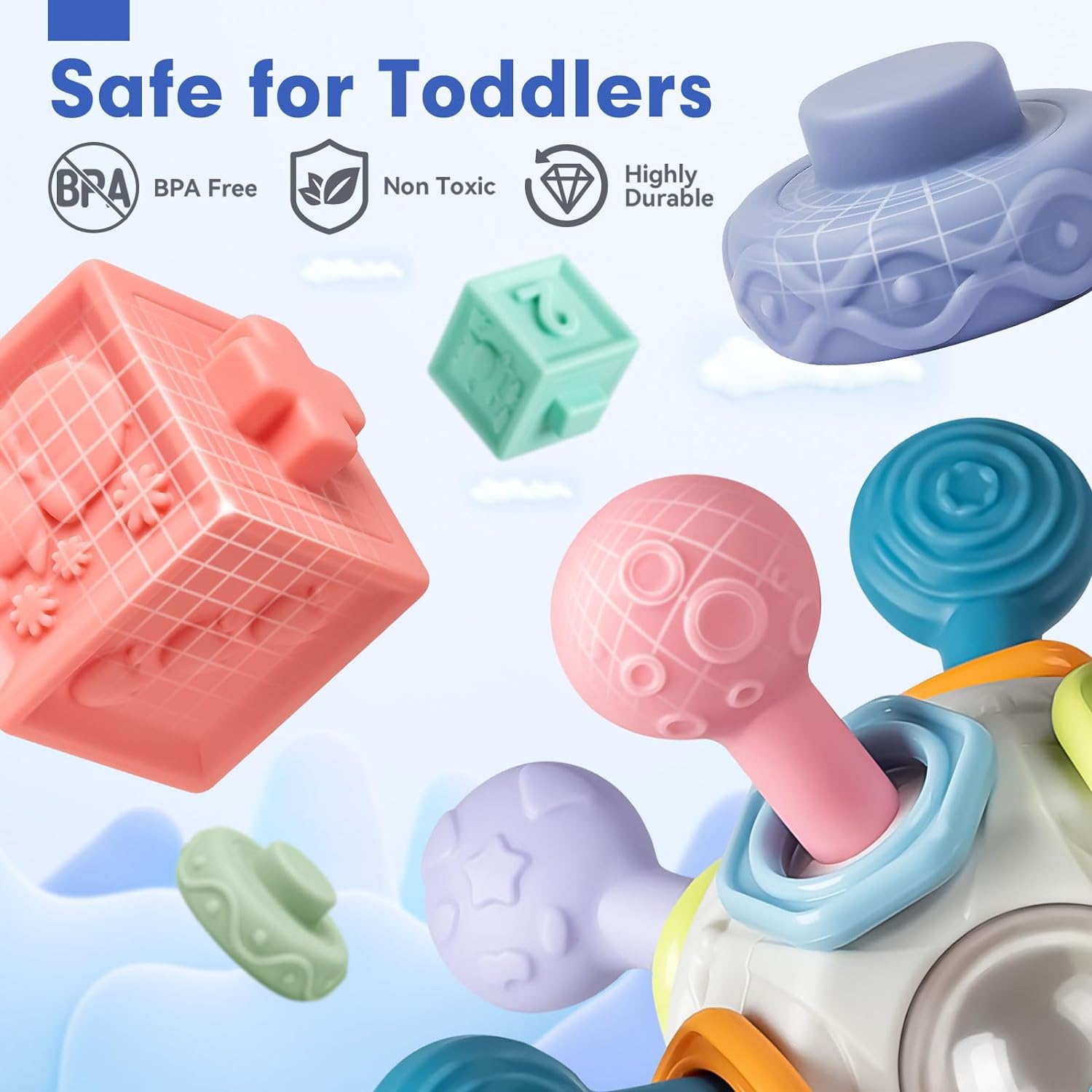 Baby Sensory Teething Toys Set, Incl Newborn Rattle Teether & Baby Blocks & Soft Stacking Rings - Cykapu