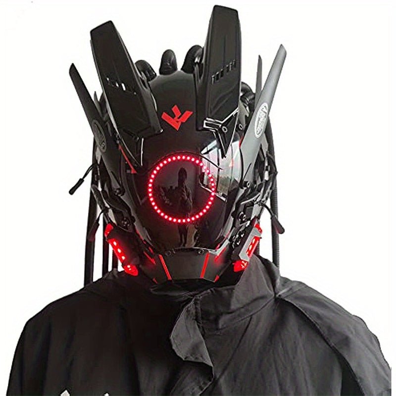 Fashion Cool LED Lights Punk Mask With Tubular Braid，Futurist Science Fiction Mechanical Mask Halloween Cosplay Samurai Masks Music Festival Party Coolplay Accessories For Adults Gift - Cykapu