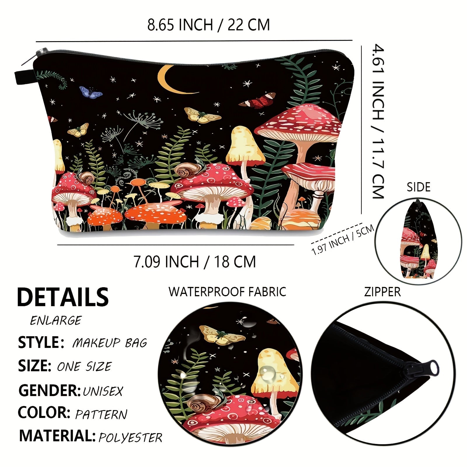 Mushroom Print Makeup Bag Small Moon Cosmetic Bag For Women Teen Girls Waterproof Clutch Handbag With Zipper Brush Stuff Organizer Purse Toiletry Pouch - Cykapu