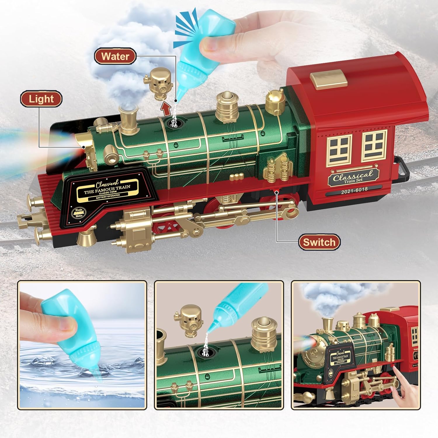 Kids Train Set - Remote Control Train Toys w/Smoke, Sounds (Turn on/Off), Lights, Rechargeable Electric Train - Cykapu