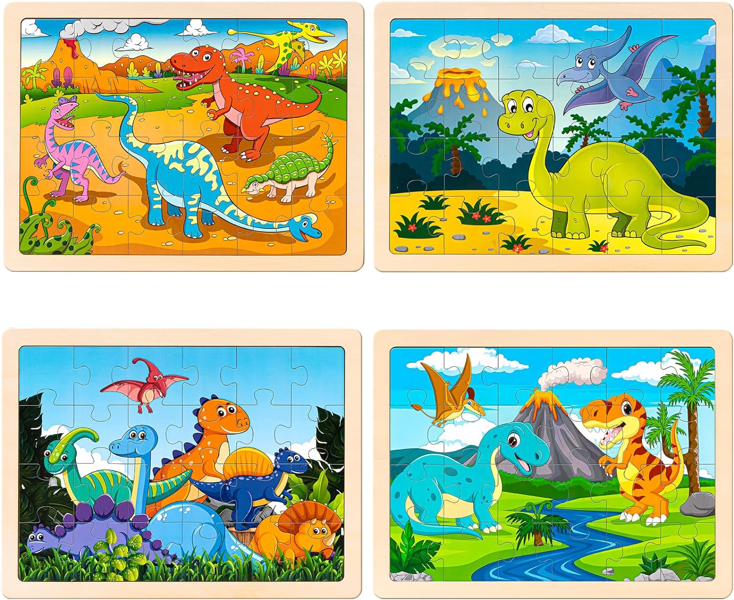 Wooden Dinosaur Puzzles for Kids Ages 3-5 with Gift Case, 4 Packs Toddler Jigsaw Puzzles - Cykapu