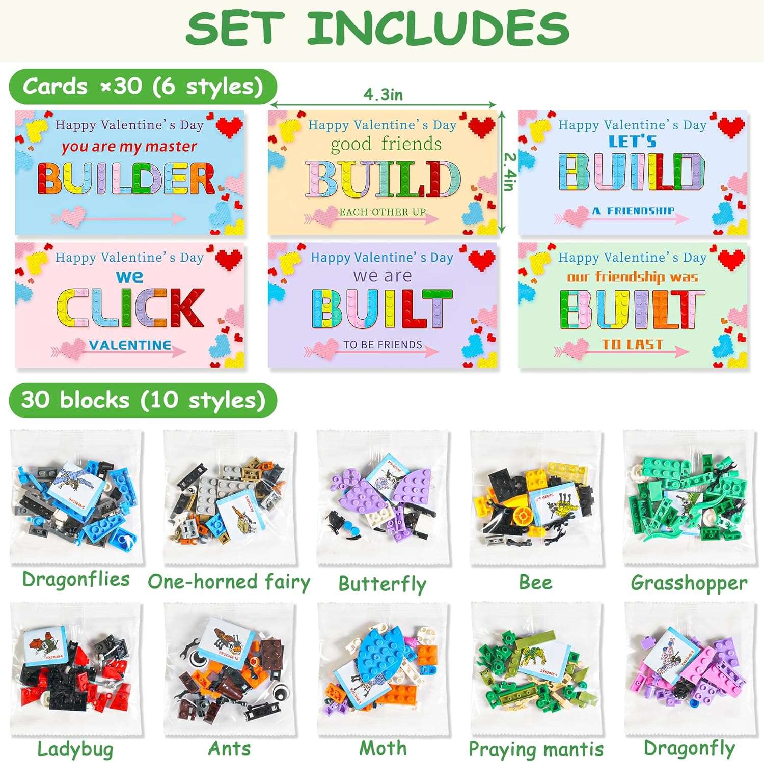 30 Pcs Valentines Day Gifts for Kids classroom-valentines insect blocks