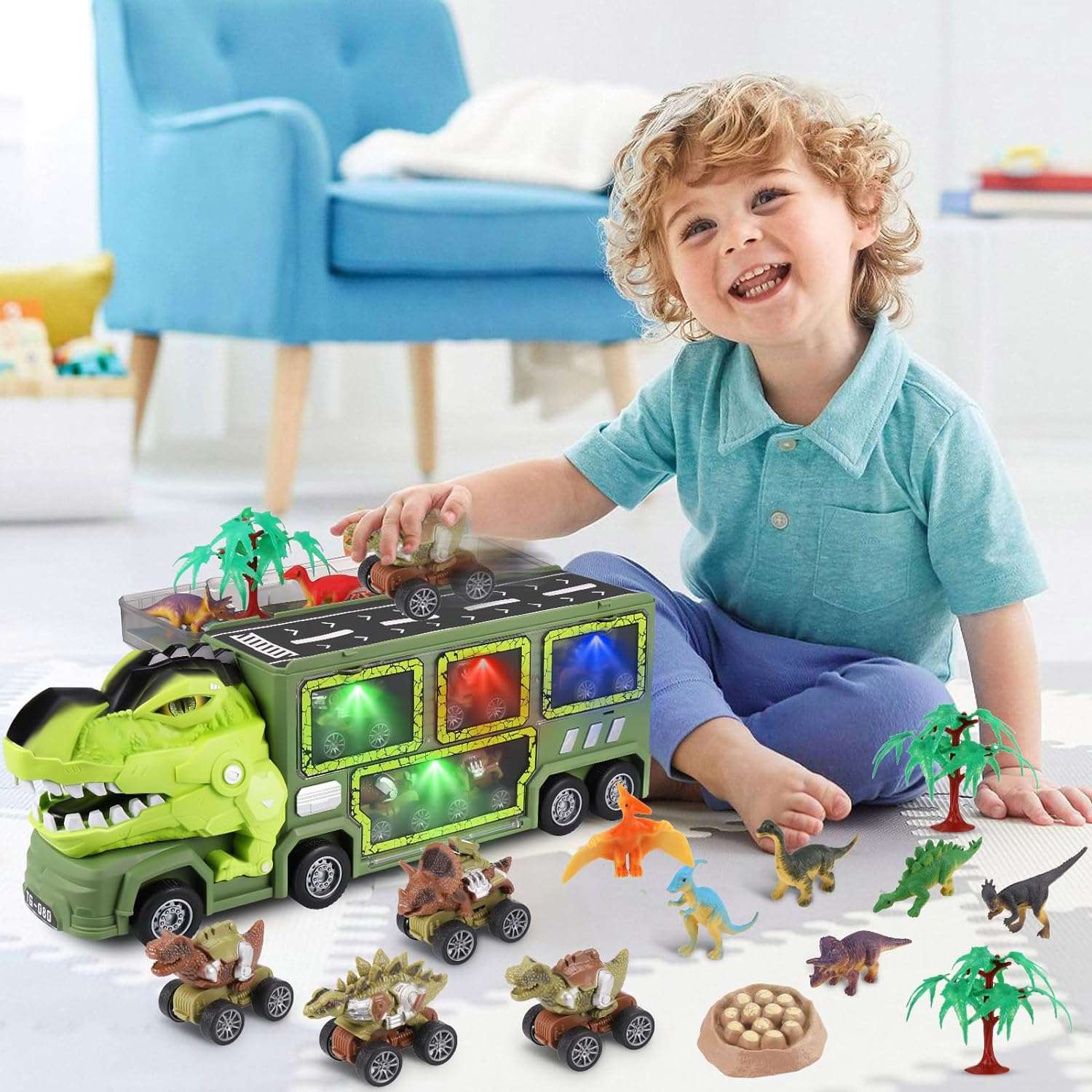 21 in 1 Dinosaur Truck Toys for 3 4 5 6 7 Year Old Boys Girls - T-Rex Transport Car Carrier Truck with 5 Pull Back Dinosaur Cars and 9 Dino Figures - Cykapu