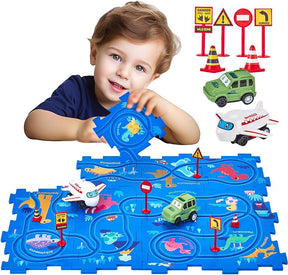 Puzzle Racer Kids Car Track Set - Dinosaur Jigsaw Puzzle Track Car PlaySet Toy - Cykapu