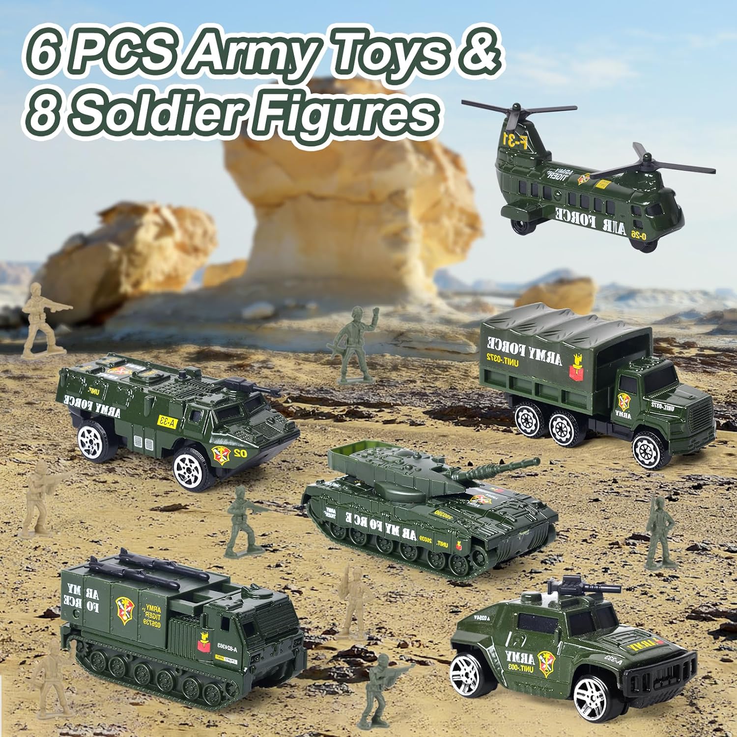 Tank Toys Set for Boys 3-5, 6 PCS Die-Cast Army Toys & 8 Soldier Figures, Military Toys with Light & Sound - Cykapu