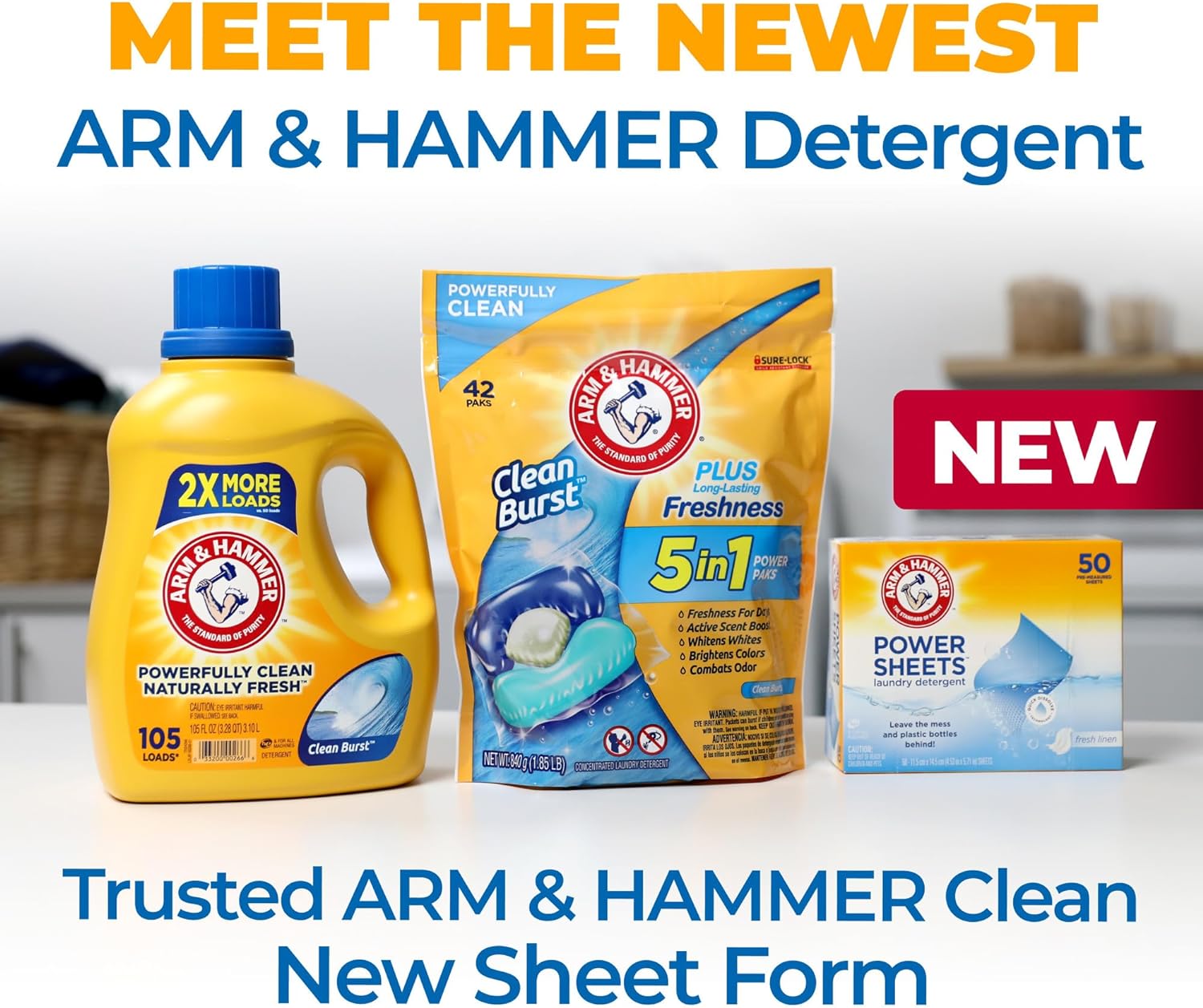 Arm & Hammer Power Sheets Laundry Detergent, Fresh Linen 50ct, up to 100 Small Loads