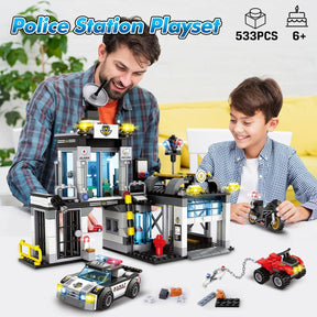 City Police Station Building Sets - Command Center Police Car Motorcycle Trailer Drone Chase STEM (533PCS) - Cykapu