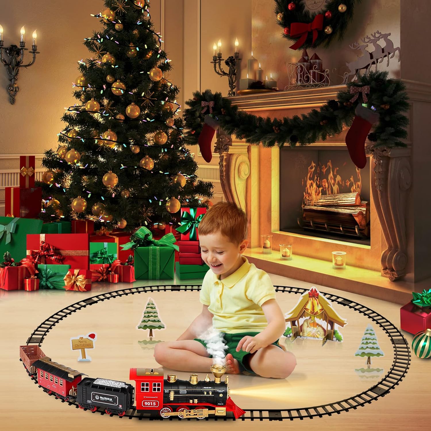 Train Toys for Boys Girls w/Smokes, Lights & Sound, Tracks, Toy Train w/Steam Locomotive Engine
