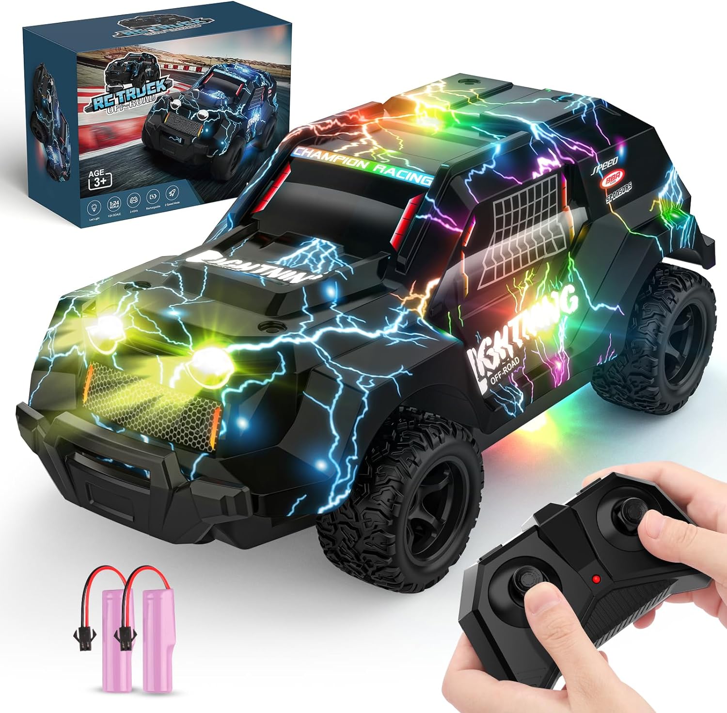 Remote Control Car for Boys 4-7, Off Road RC Car for Kids, Cool Light Up 1/24 Scale Hobby RC Cars Truck - Cykapu
