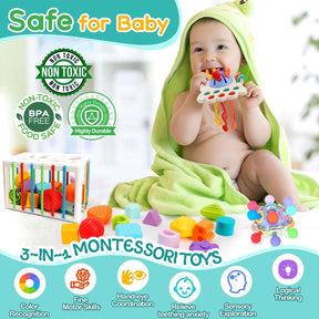 3 in 1 Baby Toys 6 to 12 Months, Baby Teething Toys & Pull String & Shape Sort Cube Sensory Toys - Cykapu
