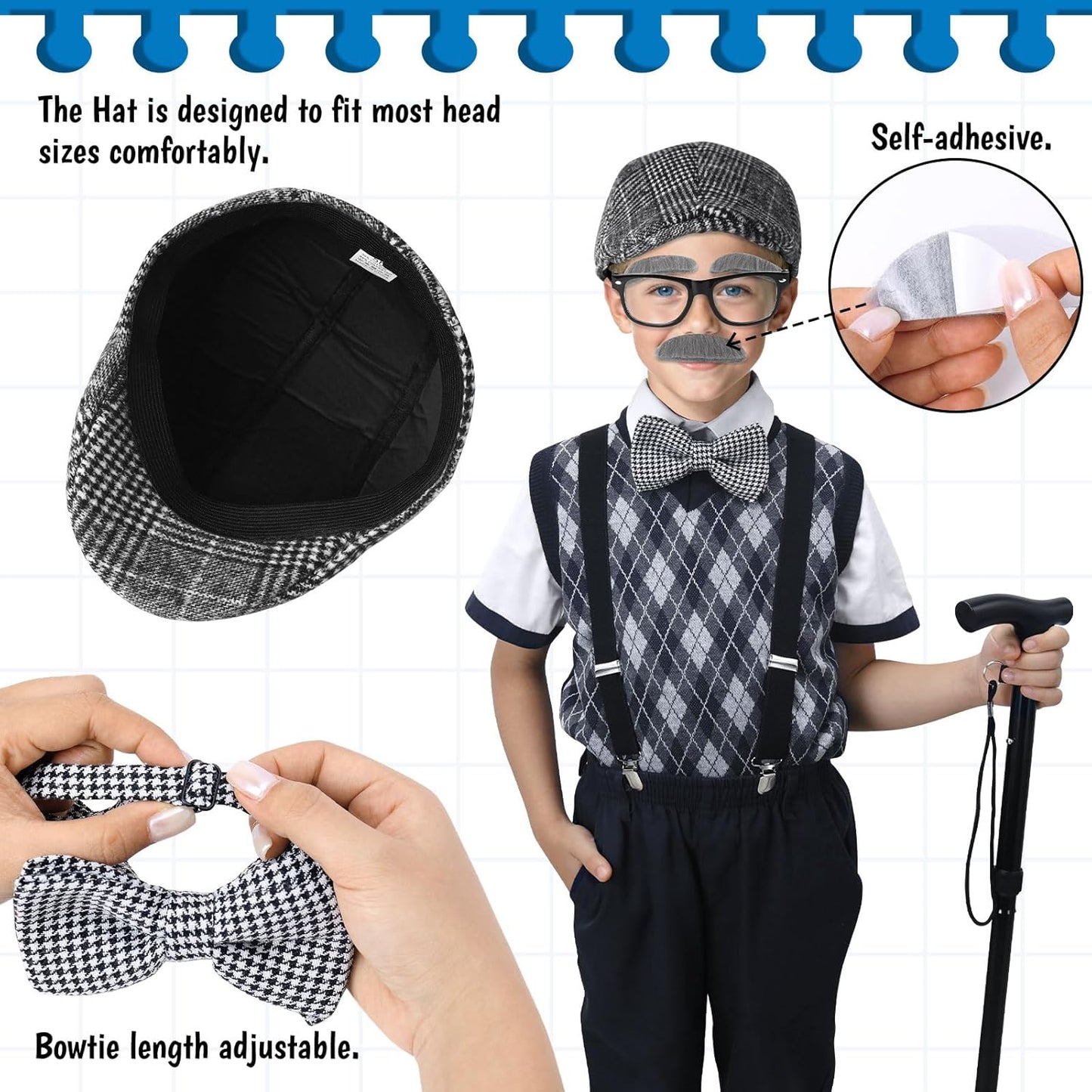 100 Days of School Costume for Boys,Old Man Costume for Kids Grandpa Vest Accessories Set