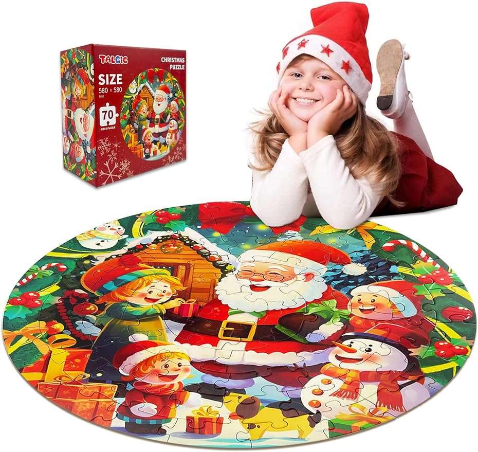 70 Piece Christmas Puzzle with Santa Claus & Snowman, Large Round Floor Puzzles - Cykapu
