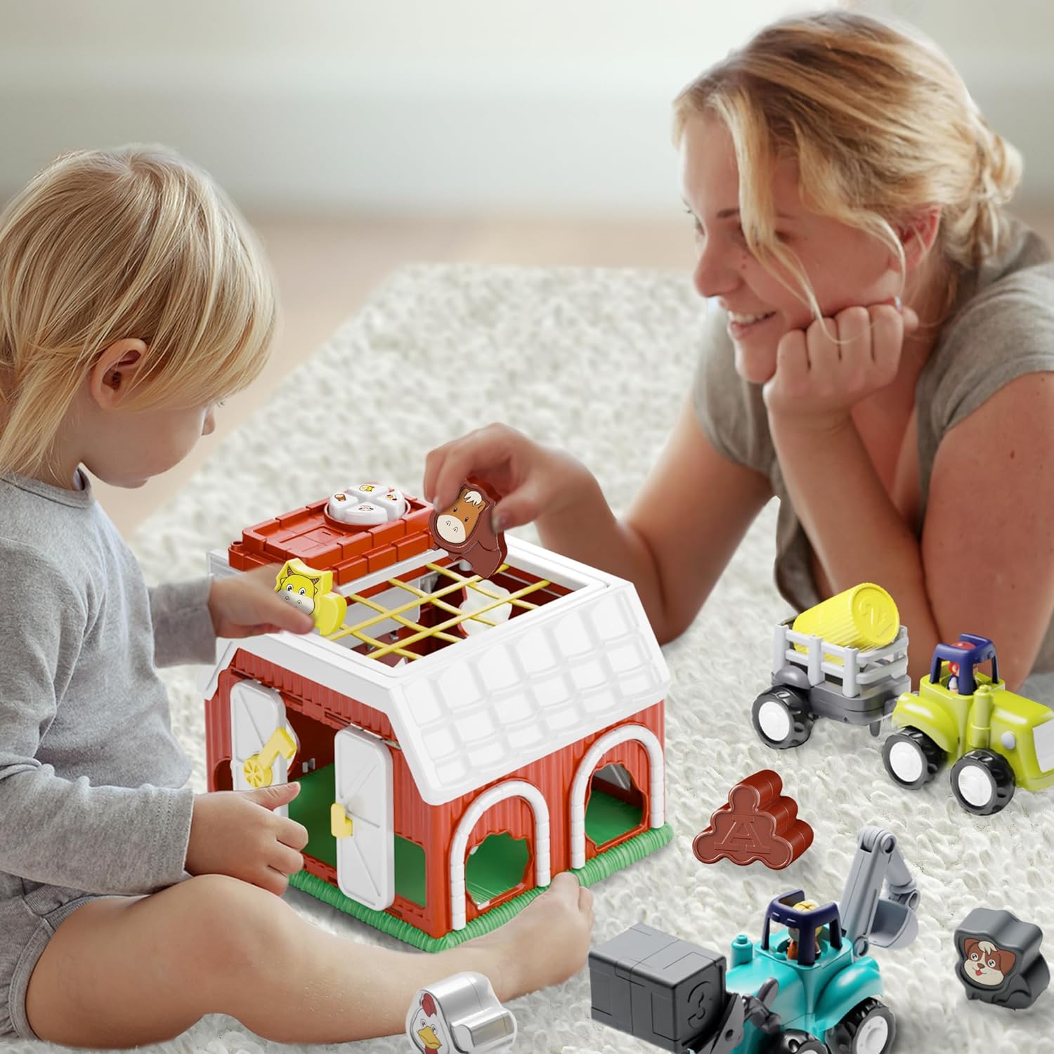 Baby Shape Sorter Toys, Toddler Farm Animal Sorting Barn, Musical Montesori Sensory Toy - Cykapu