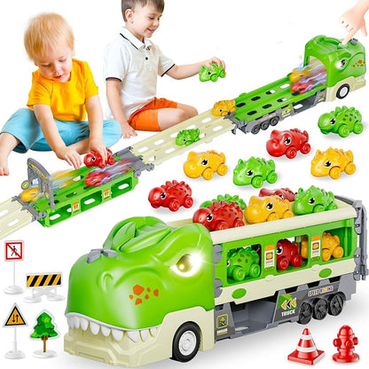 Dinosaur Truck Toys Foldable Track & 2 Player Race Mode, Light & Sound Transport Carrier W/ 6 Dino Car & 12 Road Sign - Cykapu