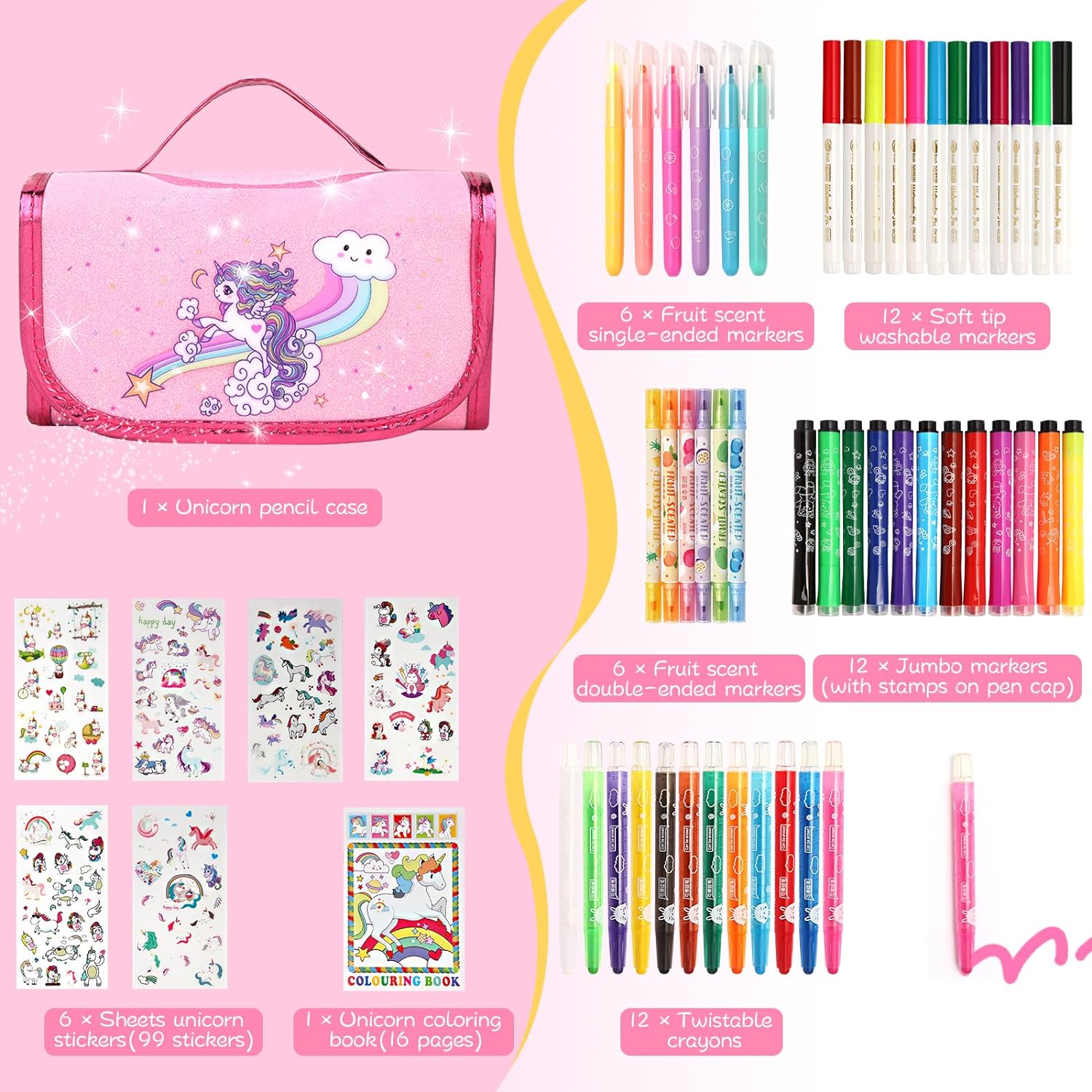 Unicorn Fruit Scented Washable Markers Set 56 Pcs with Unicorn Coloring Book & Pencil Case - Cykapu