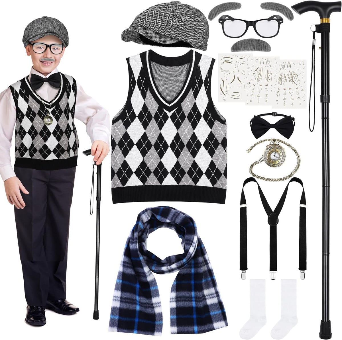 15 Pcs Kids 100 Days of School Costume for Boys Pretend to be Grandpa Costume Old Man Accessories Cykapu