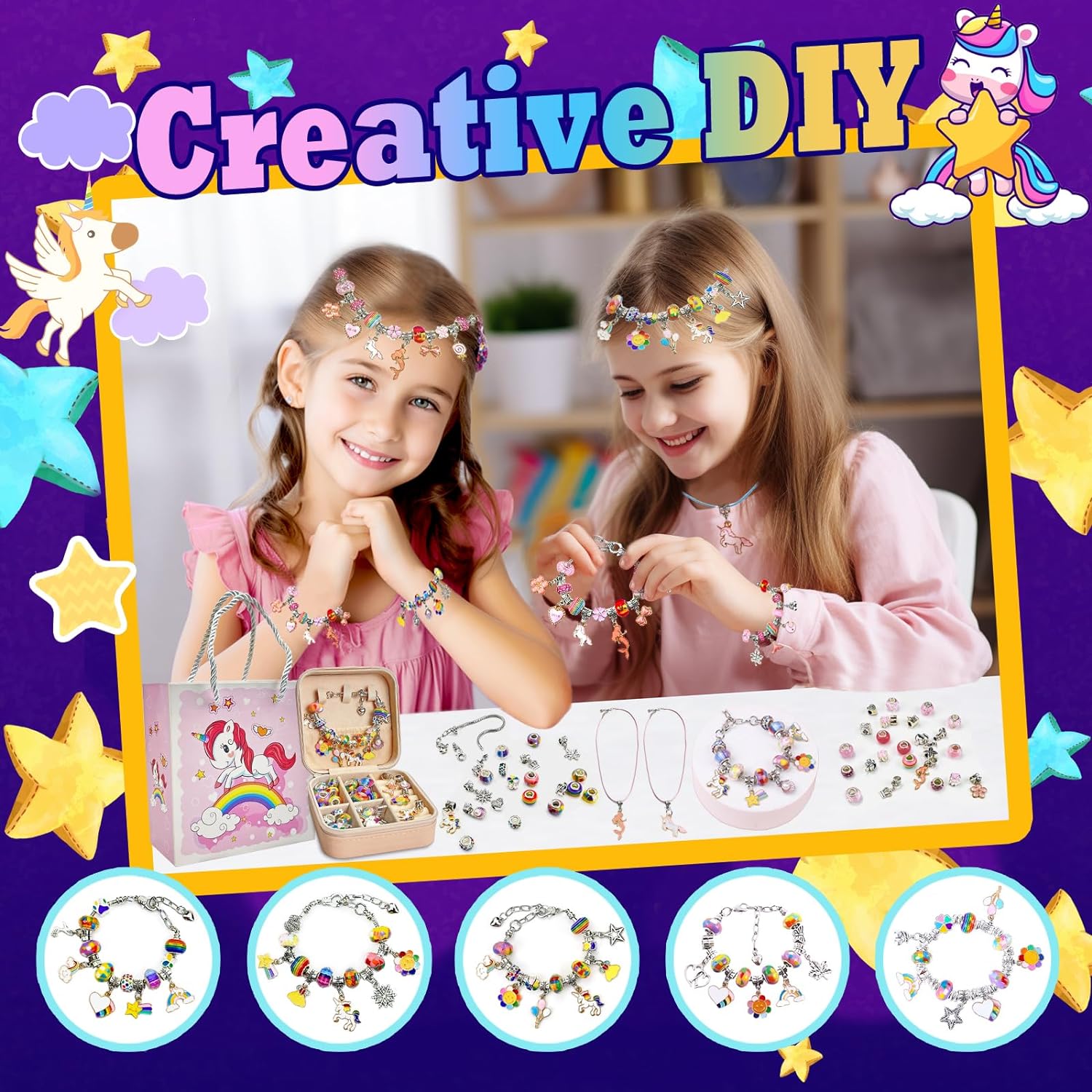 Charm Bracelet Making Kit DIY Bead Jewelry Making Kit with Box, Unicorn Mermaid Arts and Crafts