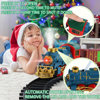 Christmas Train Sets for Around The Tree , Rechargeable Model Train Set with Spray, Lights, Sounds, Tracks, Steam Locomotive Engine - Cykapu