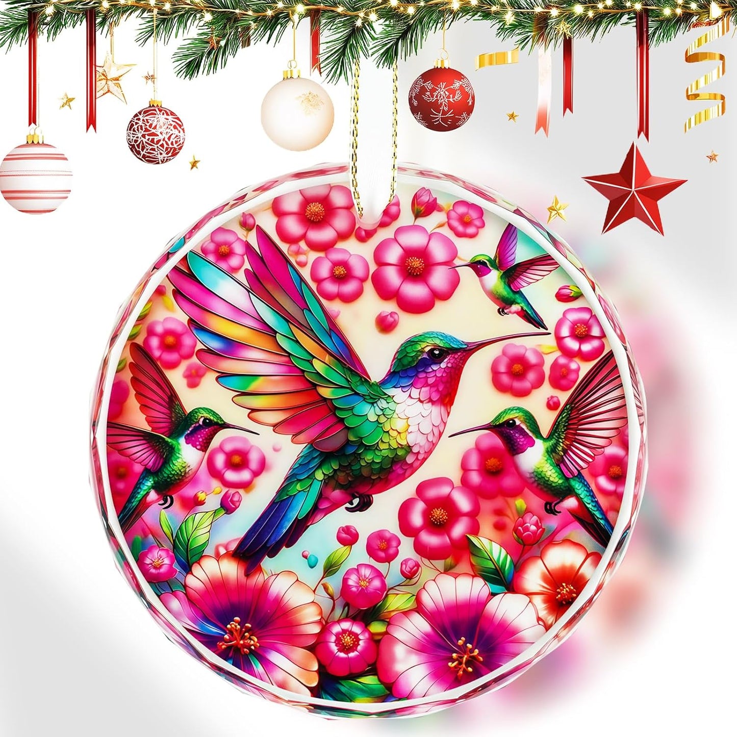 Hummingbird Ornaments for Christmas Tree, Stained Hummingbird Home Decor Glass Hanging, Christmas Tree Indoor Outdoors Home Decorations to Hummingbirds Lover, Book Lovers