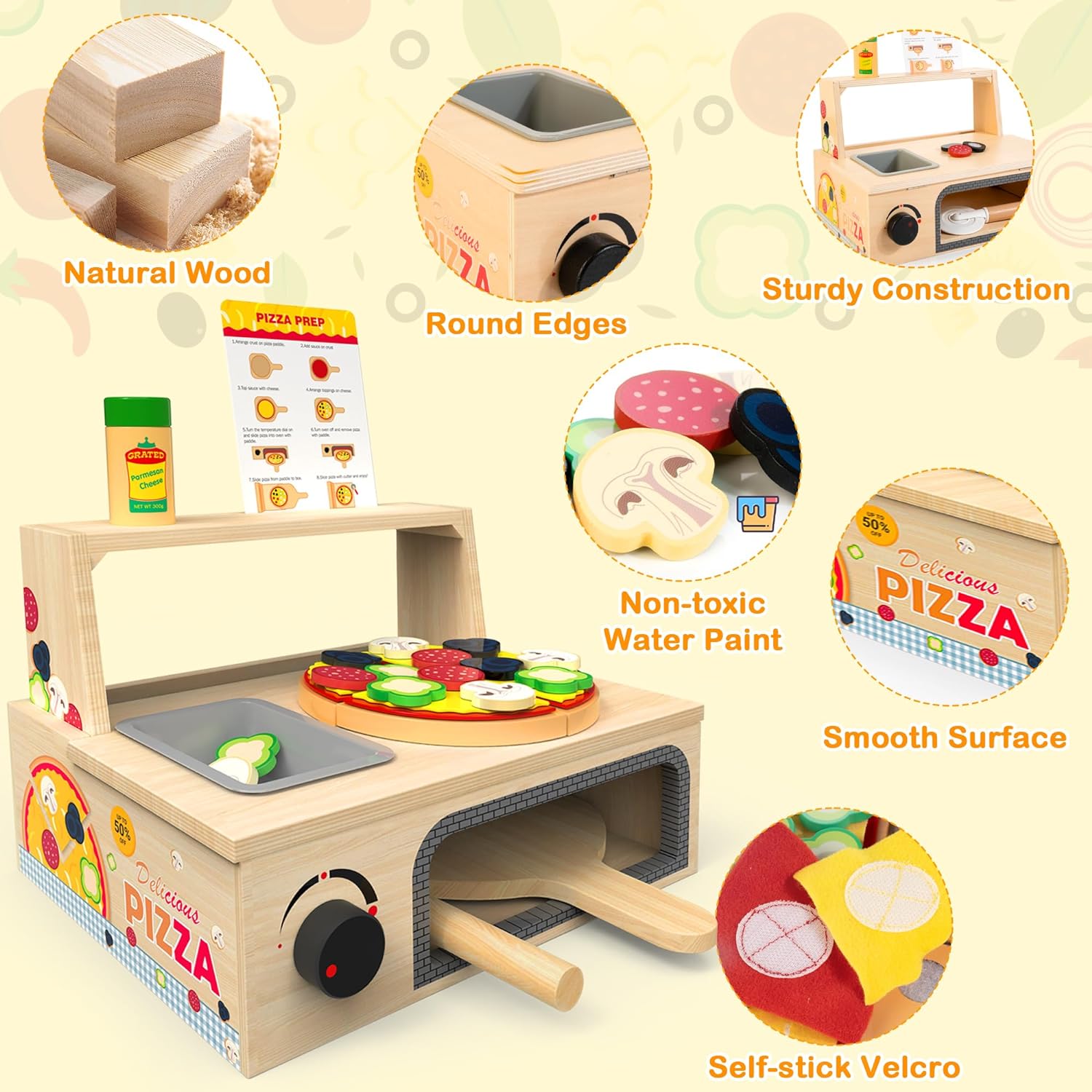 Wooden Pizza Toy - 48 PCS Montessori Pretend Play, Educational Learning Toy Wooden Playset with Bake Oven - Cykapu