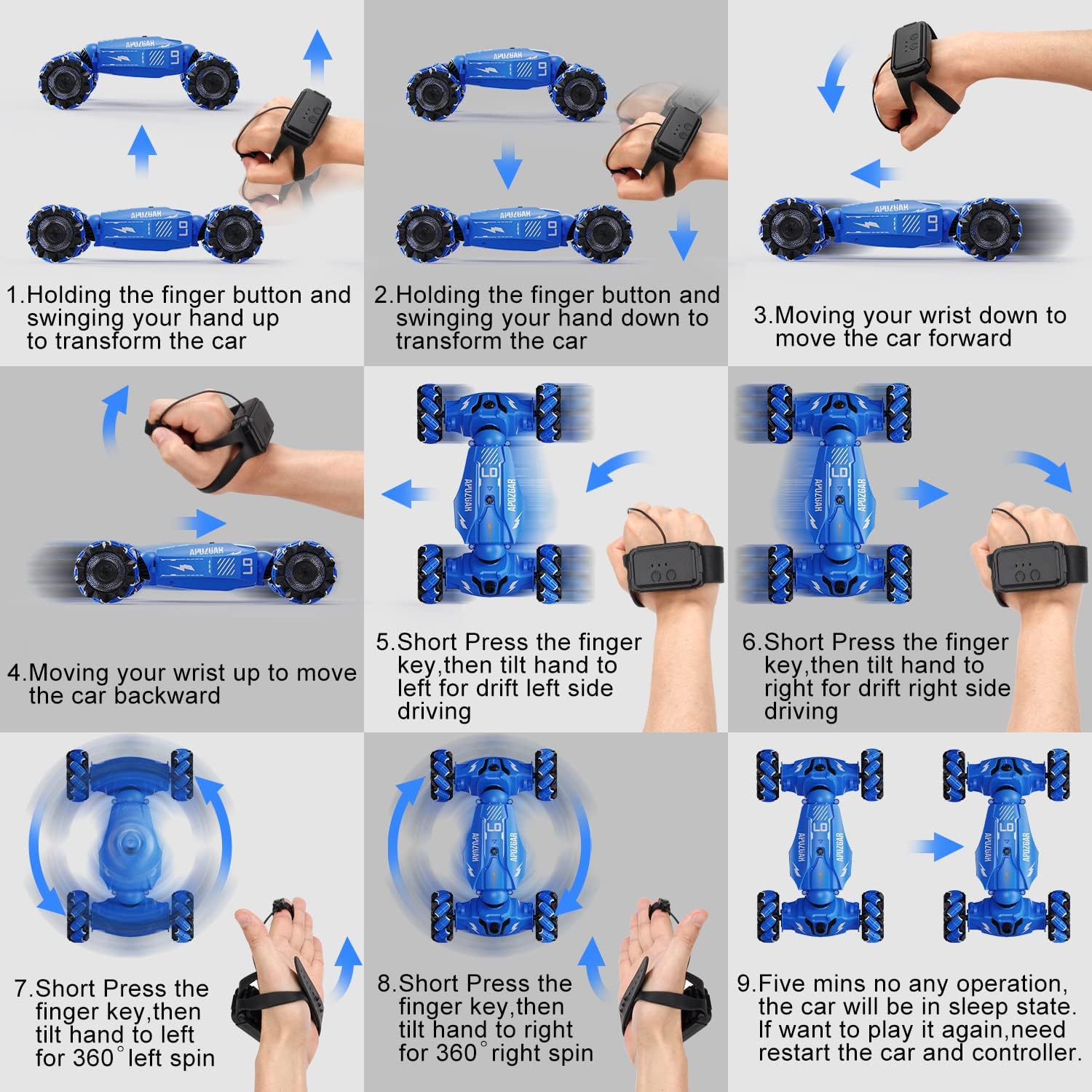 Hand Gesture Sensing RC Stunt Car with Lights Music, Spray Fog Steam Gesture RC Car Remote Controll Transformed Vehicle - Cykapu