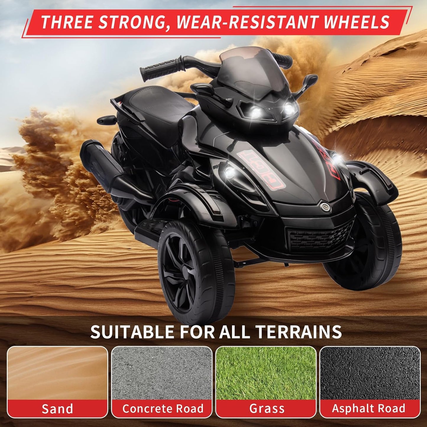 12V 3-Wheel Ride on ATV Electric Motorcycle for Kids, w/LED Lights, Music, One-Button Start, Forward/Backward, All-Terrain Wheels, Kids ATV Ride on Toy for Toddler Ages 3+, Easy Assemble, Black