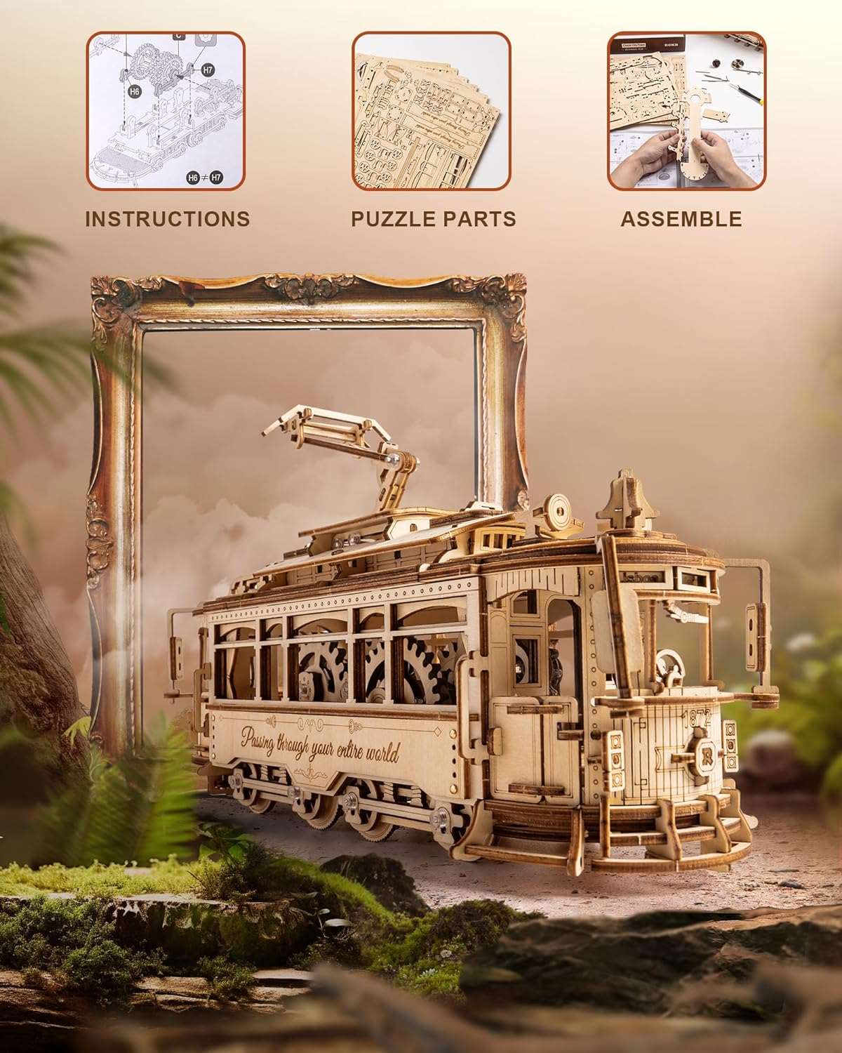 3D Wooden Puzzles Model Car Kits for Adults to Build - Wooden Toy Tram Train Set with Railway - Cykapu