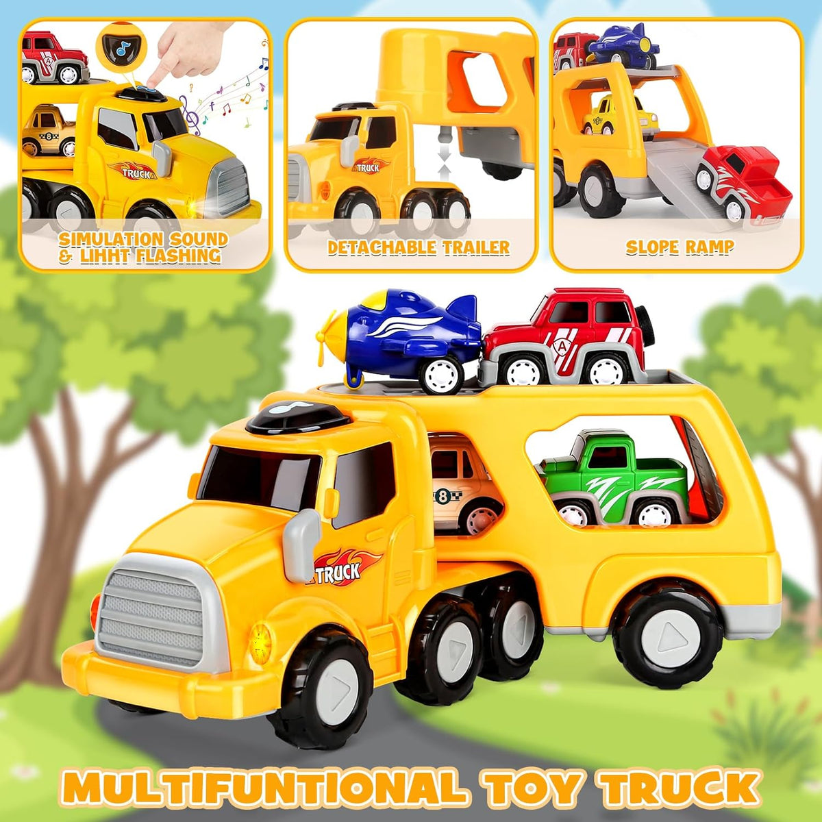 Dreamon 5-in-1 Transport Vehicles Toys for Ages 2-4 with Light & Sound, Ideal Construction Car Toy